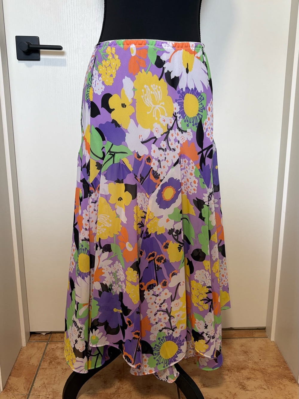 Bob Mackie Lavender Floral A-Line Maxi Skirt with Yellow & Green Accents
